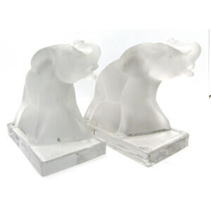 Pair of Vintage Frosted Glass Elephant Figurines on Clear Glass Bases